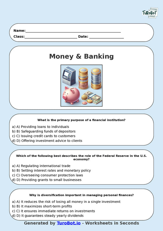 Year 8 Business Multiple Choice Worksheet – Introduction to Money & Banking