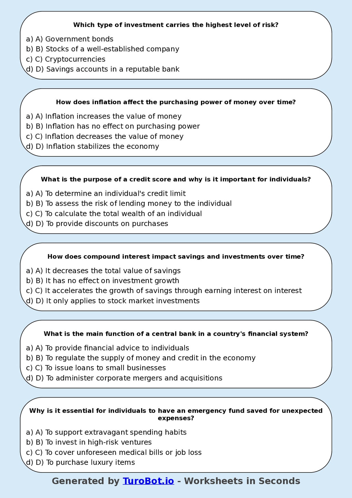 Year 8 Business Multiple Choice Worksheet – Introduction to Money & Banking
