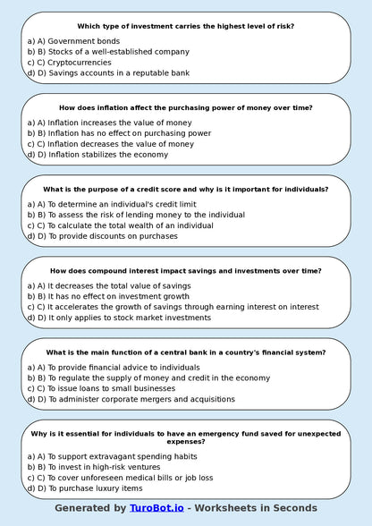 Year 8 Business Multiple Choice Worksheet – Introduction to Money & Banking