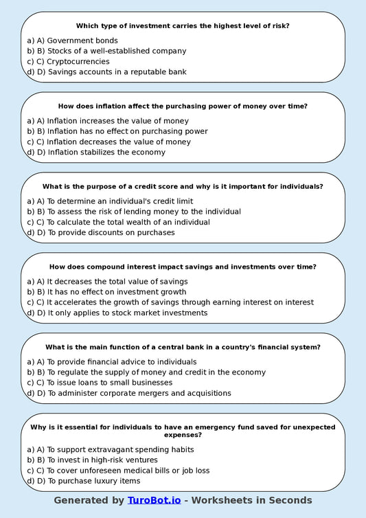 Year 8 Business Multiple Choice Worksheet – Introduction to Money & Banking