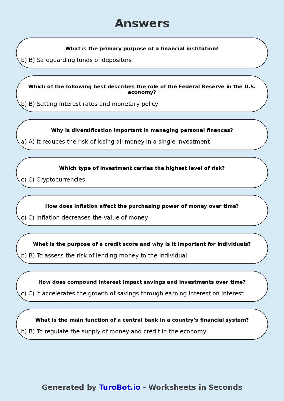 Year 8 Business Multiple Choice Worksheet – Introduction to Money & Banking