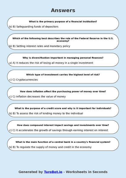 Year 8 Business Multiple Choice Worksheet – Introduction to Money & Banking