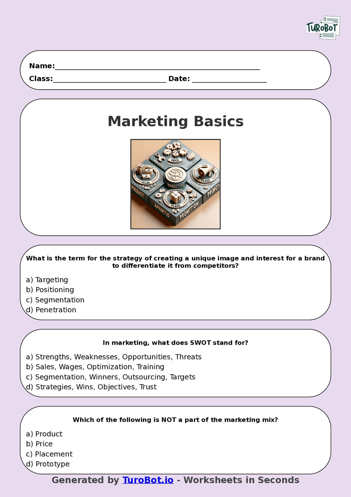 Year 8 Business Multiple Choice Worksheet – Marketing Basics