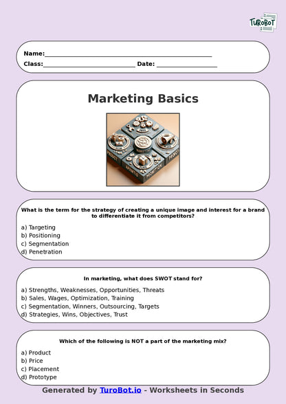 Year 8 Business Multiple Choice Worksheet – Marketing Basics