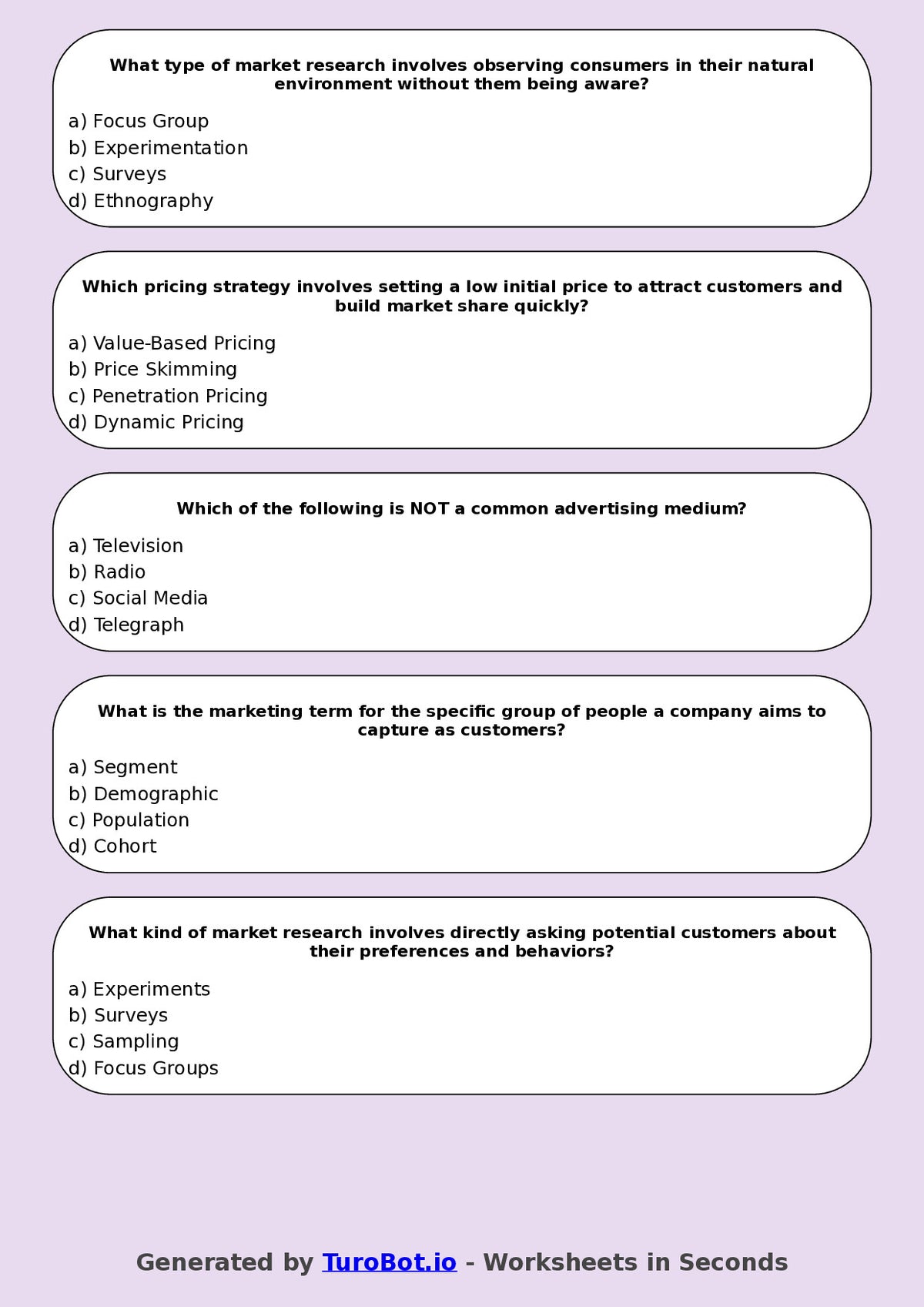 Year 8 Business Multiple Choice Worksheet – Marketing Basics