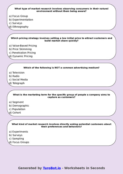 Year 8 Business Multiple Choice Worksheet – Marketing Basics