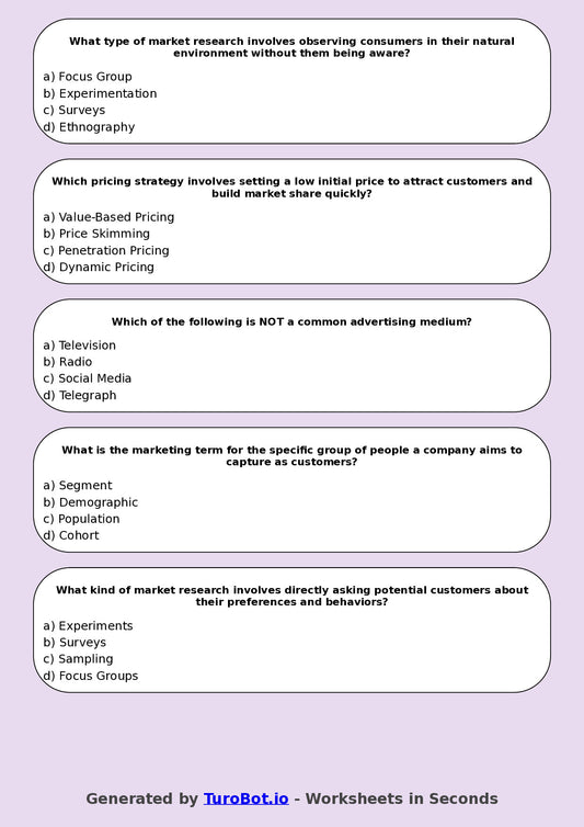 Year 8 Business Multiple Choice Worksheet – Marketing Basics