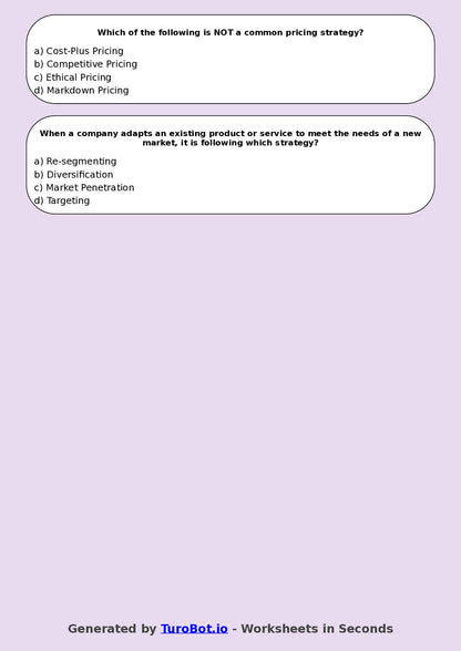Year 8 Business Multiple Choice Worksheet – Marketing Basics