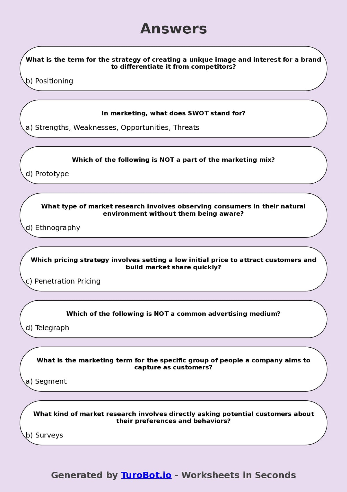 Year 8 Business Multiple Choice Worksheet – Marketing Basics