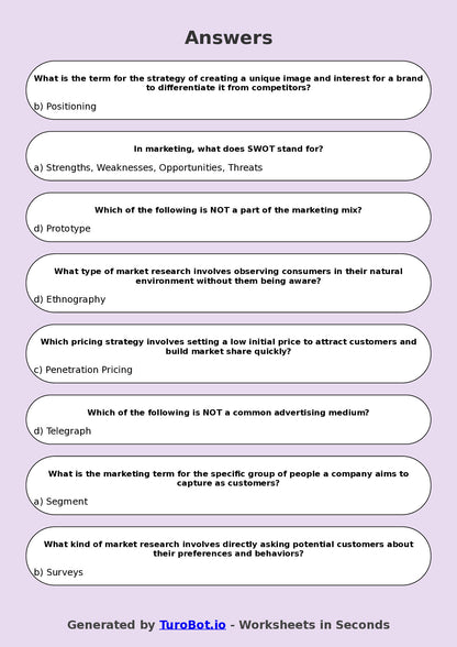 Year 8 Business Multiple Choice Worksheet – Marketing Basics
