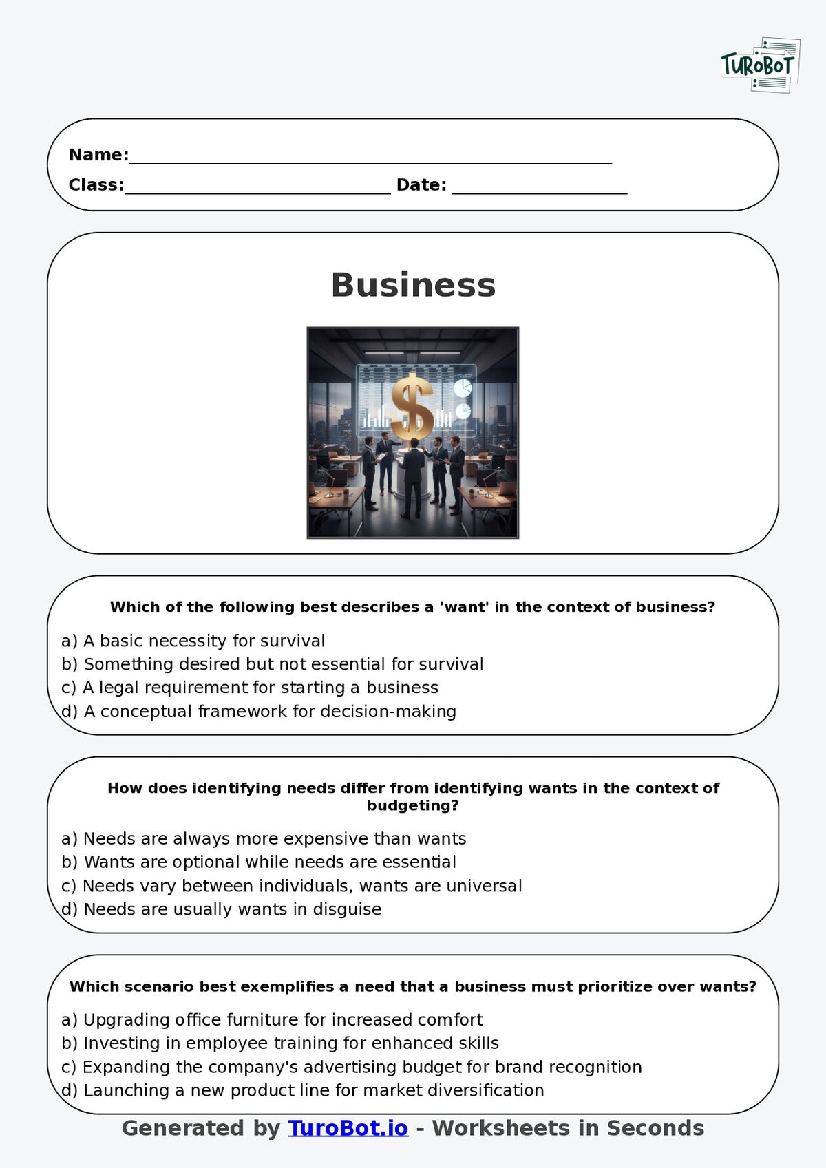 Year 9 Business Multiple Choice Worksheet – Needs Wants and Simple Budgeting