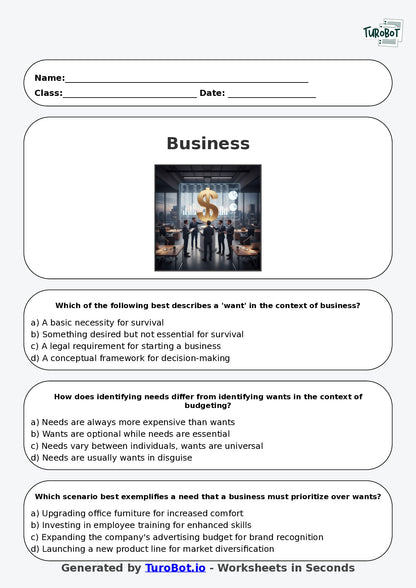 Year 9 Business Multiple Choice Worksheet – Needs Wants and Simple Budgeting