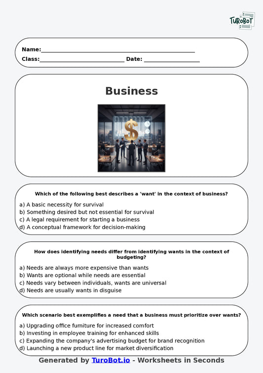Year 9 Business Multiple Choice Worksheet – Needs Wants and Simple Budgeting