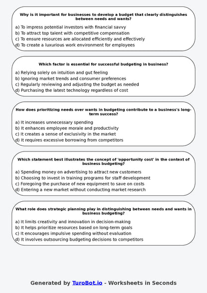 Year 9 Business Multiple Choice Worksheet – Needs Wants and Simple Budgeting