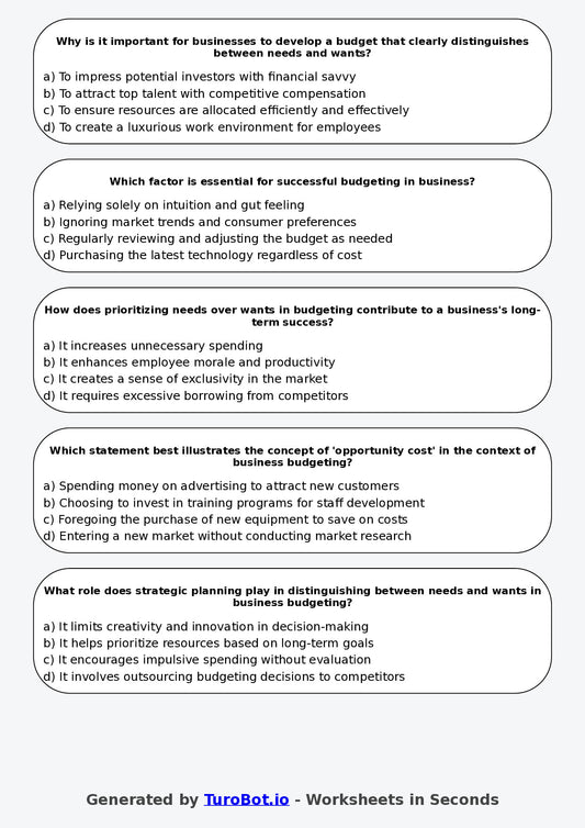 Year 9 Business Multiple Choice Worksheet – Needs Wants and Simple Budgeting