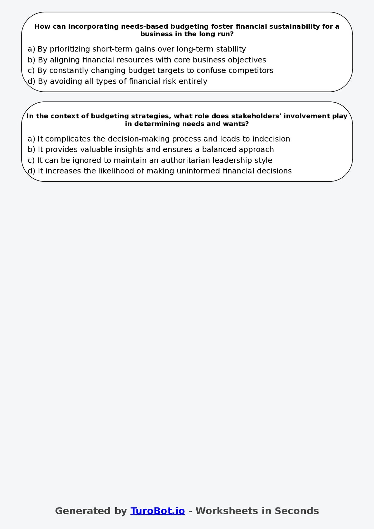 Year 9 Business Multiple Choice Worksheet – Needs Wants and Simple Budgeting