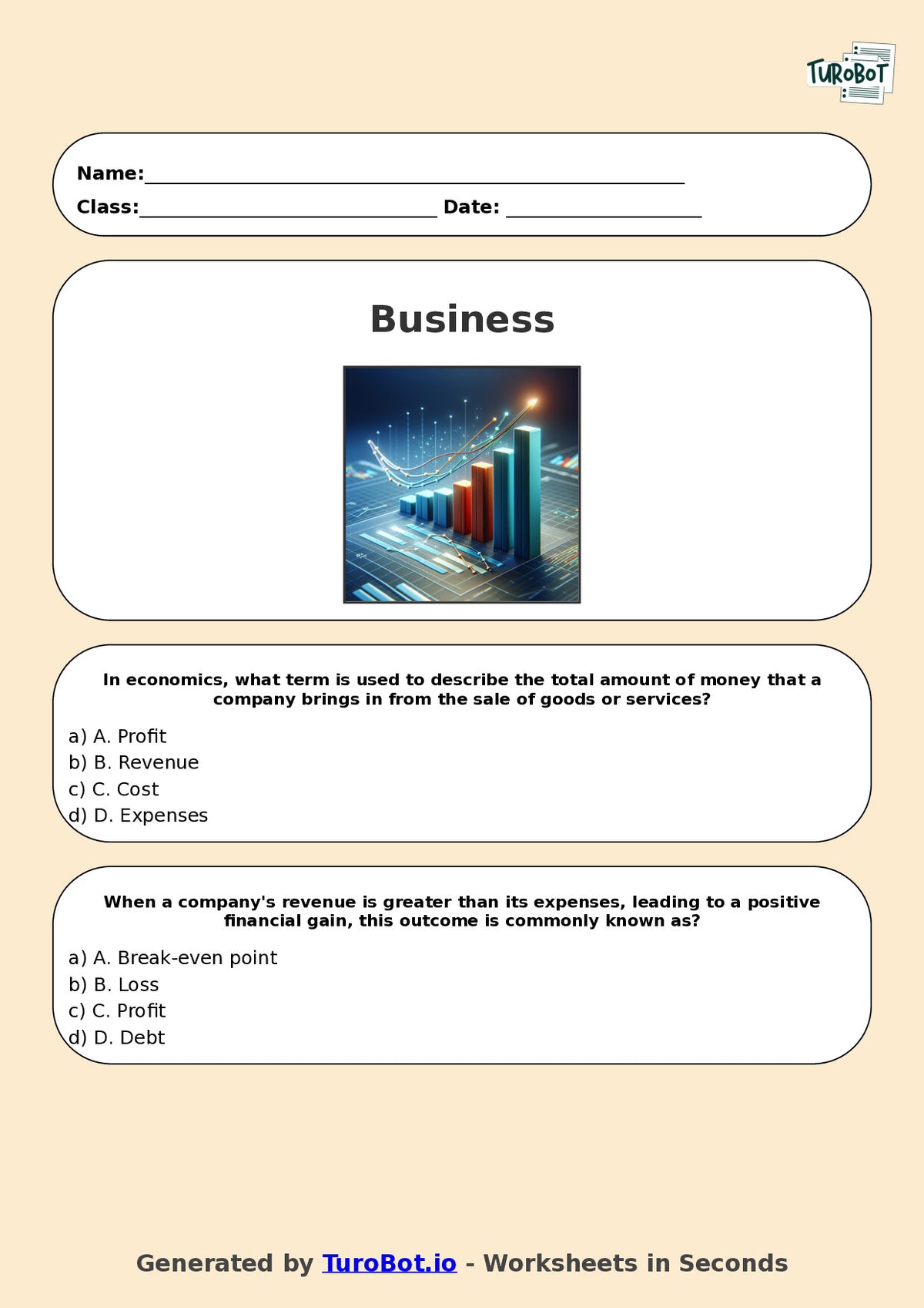 Year 9 Business Multiple Choice Worksheet – Profit, Loss, and Revenue