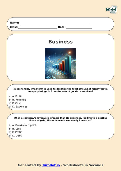 Year 9 Business Multiple Choice Worksheet – Profit, Loss, and Revenue