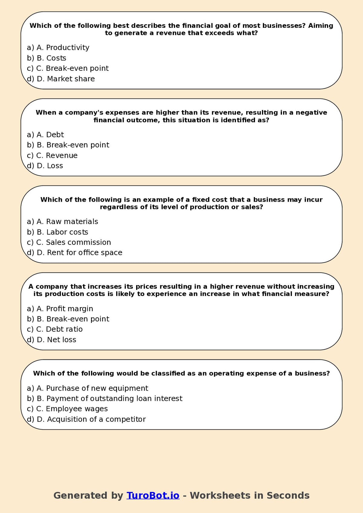 Year 9 Business Multiple Choice Worksheet – Profit, Loss, and Revenue