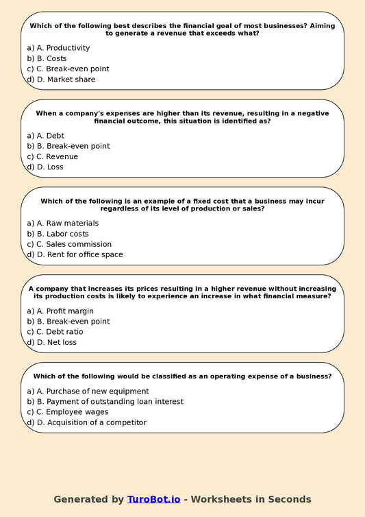Year 9 Business Multiple Choice Worksheet – Profit, Loss, and Revenue