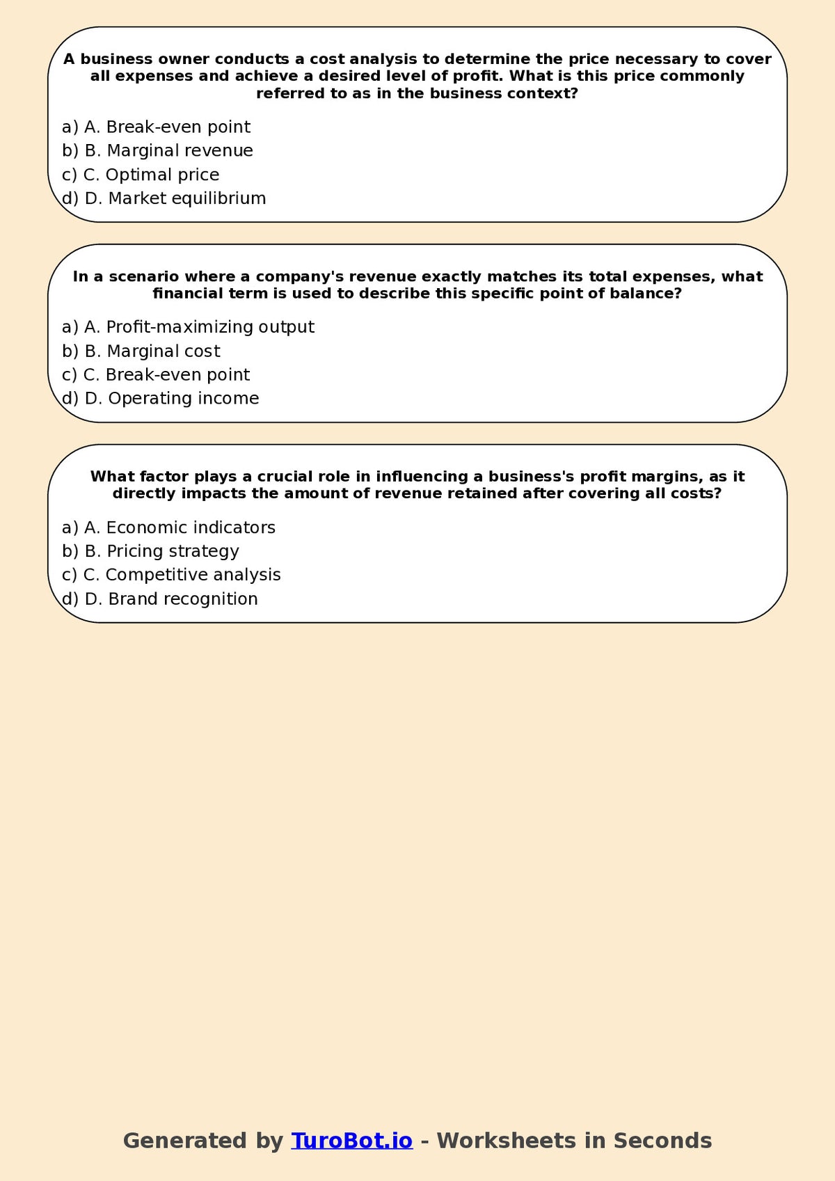 Year 9 Business Multiple Choice Worksheet – Profit, Loss, and Revenue