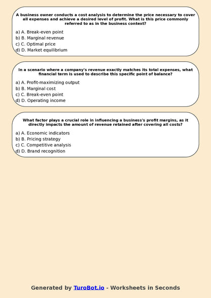 Year 9 Business Multiple Choice Worksheet – Profit, Loss, and Revenue