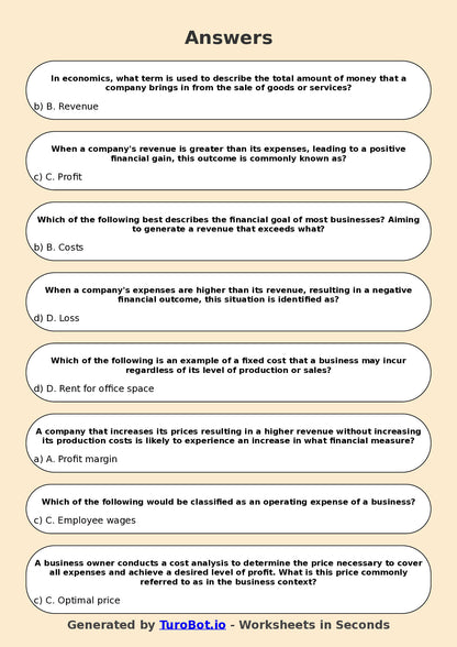 Year 9 Business Multiple Choice Worksheet – Profit, Loss, and Revenue