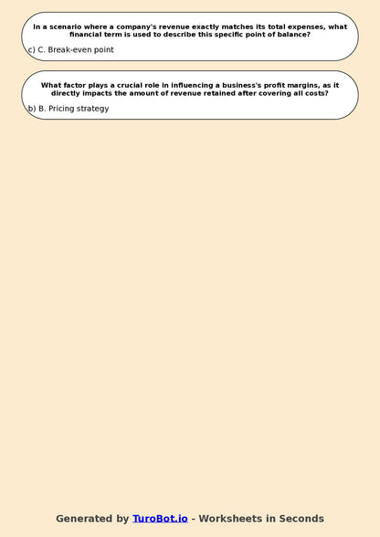 Year 9 Business Multiple Choice Worksheet – Profit, Loss, and Revenue