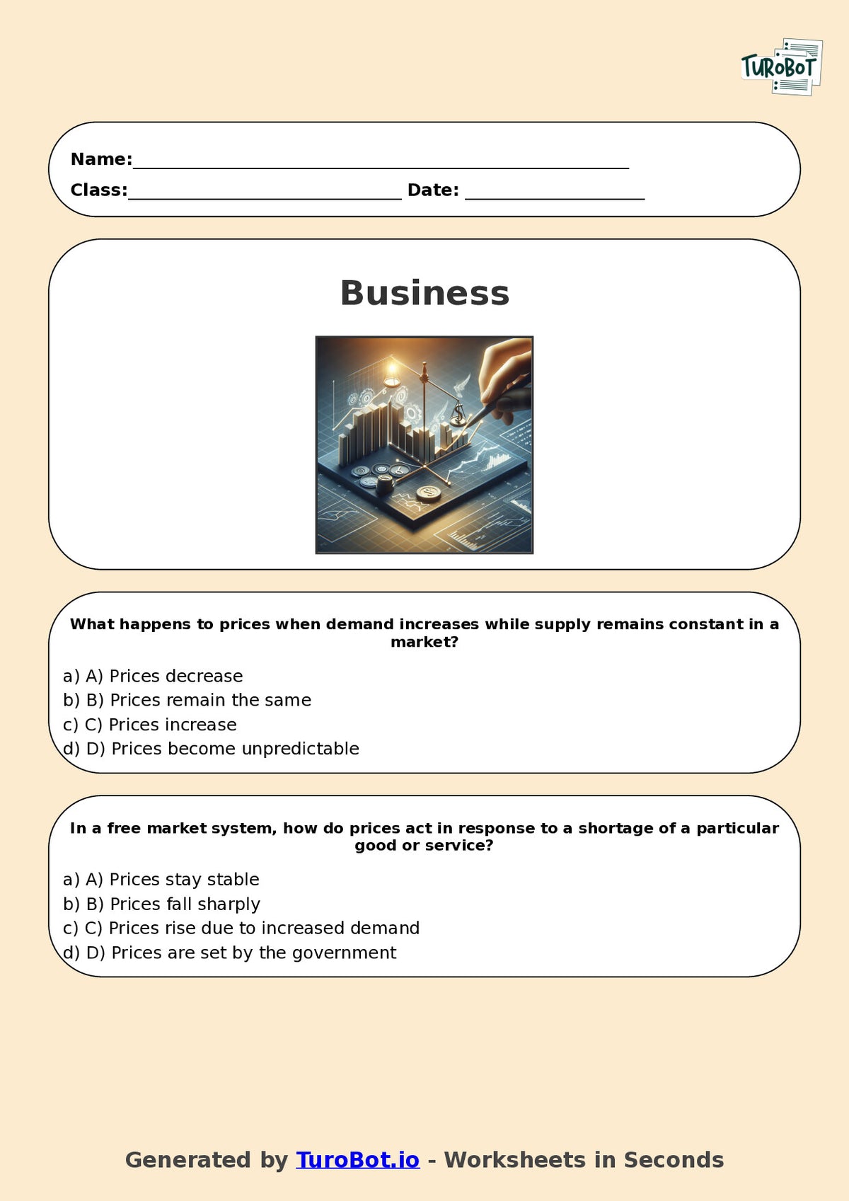 Year 9 Business Multiple Choice Worksheet – Supply and Demand