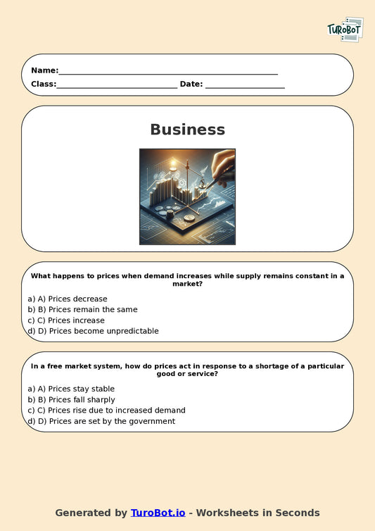 Year 9 Business Multiple Choice Worksheet – Supply and Demand