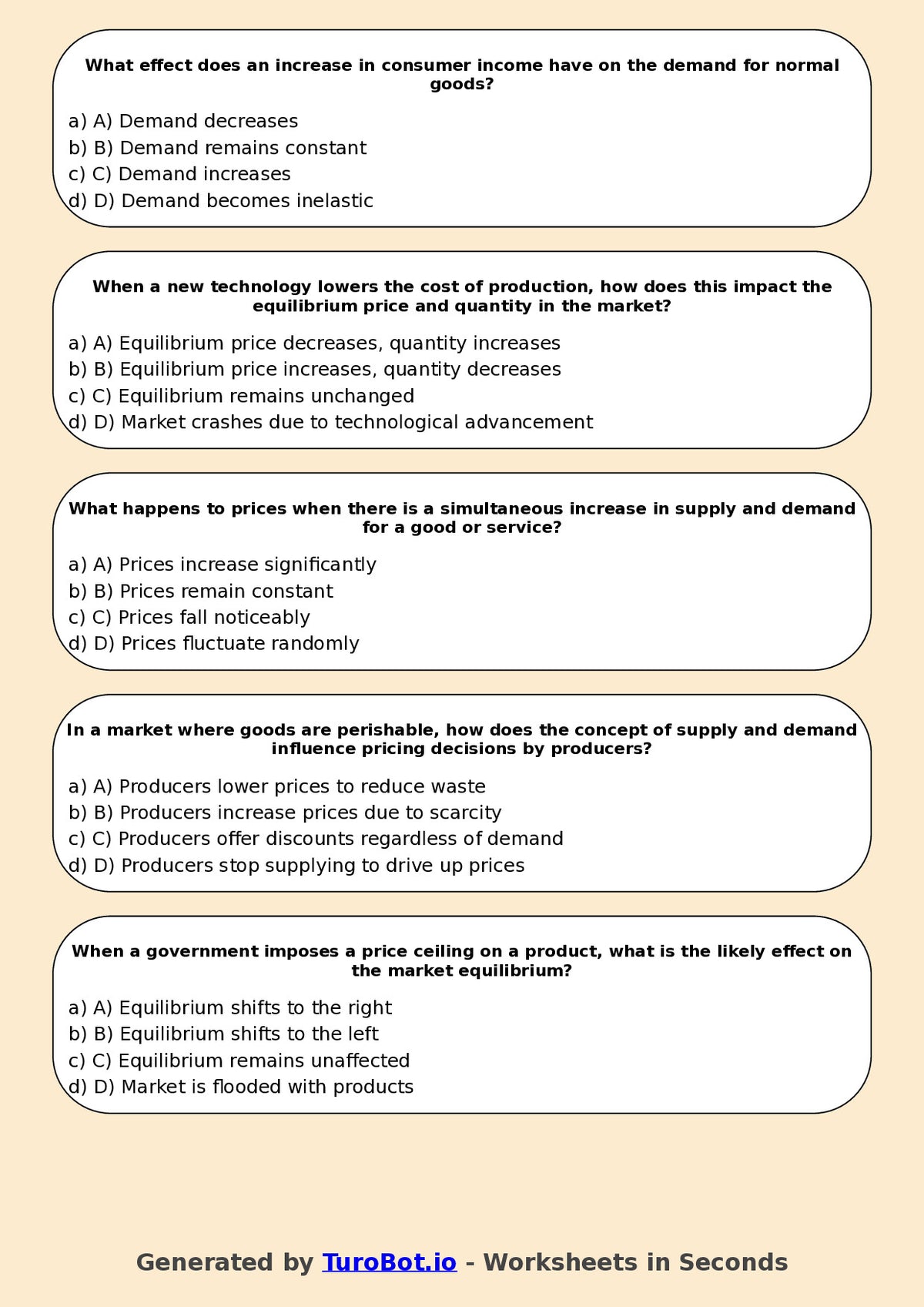 Year 9 Business Multiple Choice Worksheet – Supply and Demand
