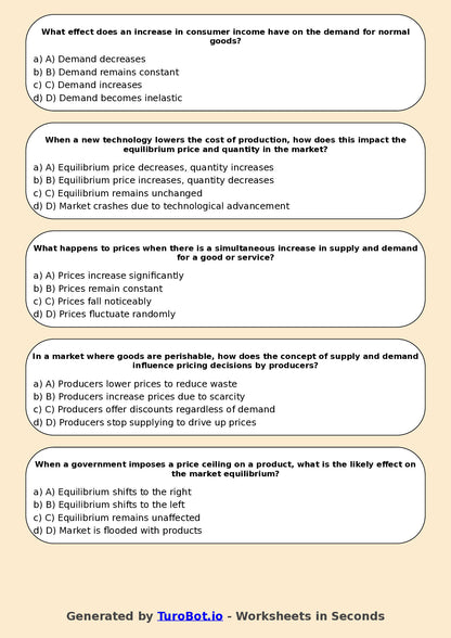 Year 9 Business Multiple Choice Worksheet – Supply and Demand