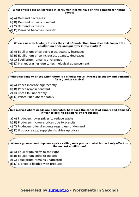Year 9 Business Multiple Choice Worksheet – Supply and Demand