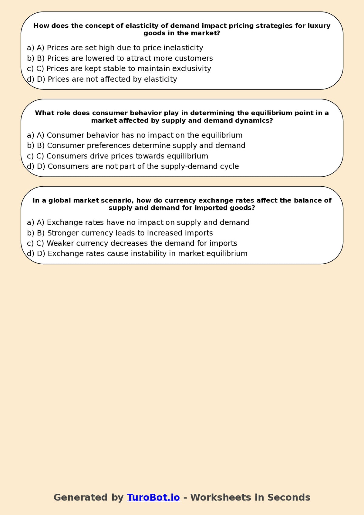 Year 9 Business Multiple Choice Worksheet – Supply and Demand