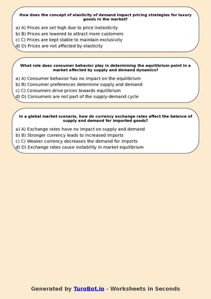 Year 9 Business Multiple Choice Worksheet – Supply and Demand