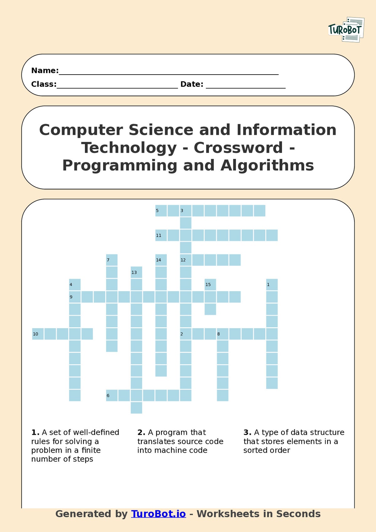 Computer Science and Information Technology - Year 11 - Crossword - Programming and Algorithms