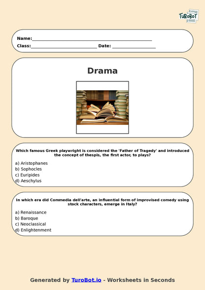 Year 10 Drama Multiple Choice Worksheet – Theatre History Overview