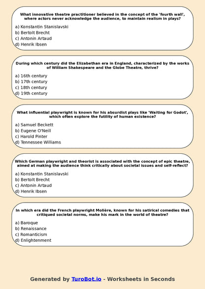 Year 10 Drama Multiple Choice Worksheet – Theatre History Overview
