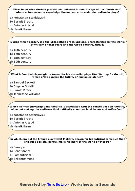 Year 10 Drama Multiple Choice Worksheet – Theatre History Overview