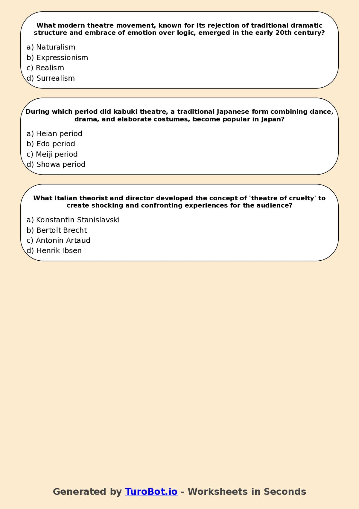 Year 10 Drama Multiple Choice Worksheet – Theatre History Overview