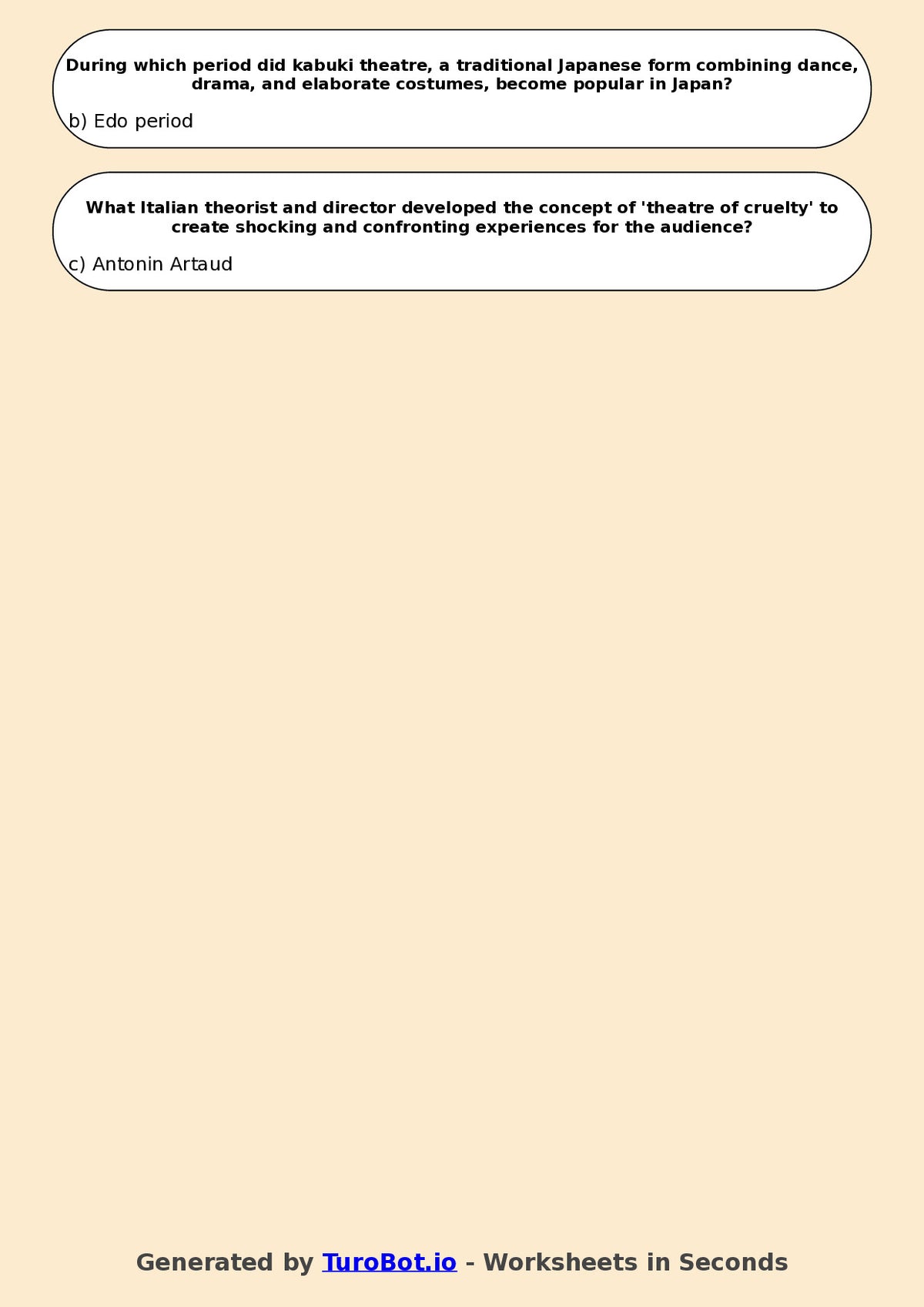 Year 10 Drama Multiple Choice Worksheet – Theatre History Overview