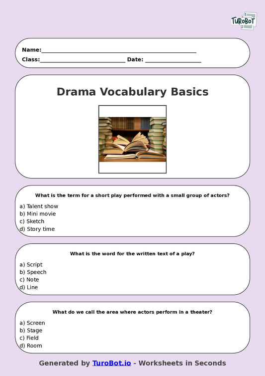 Year 4 Drama Multiple Choice Worksheet – Drama Vocabulary Basics