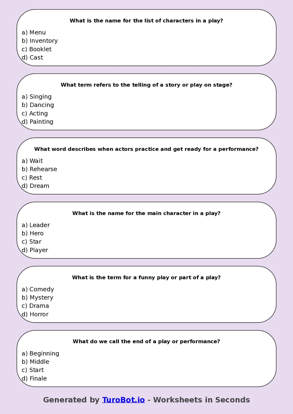 Year 4 Drama Multiple Choice Worksheet – Drama Vocabulary Basics
