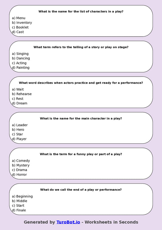 Year 4 Drama Multiple Choice Worksheet – Drama Vocabulary Basics