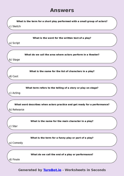 Year 4 Drama Multiple Choice Worksheet – Drama Vocabulary Basics