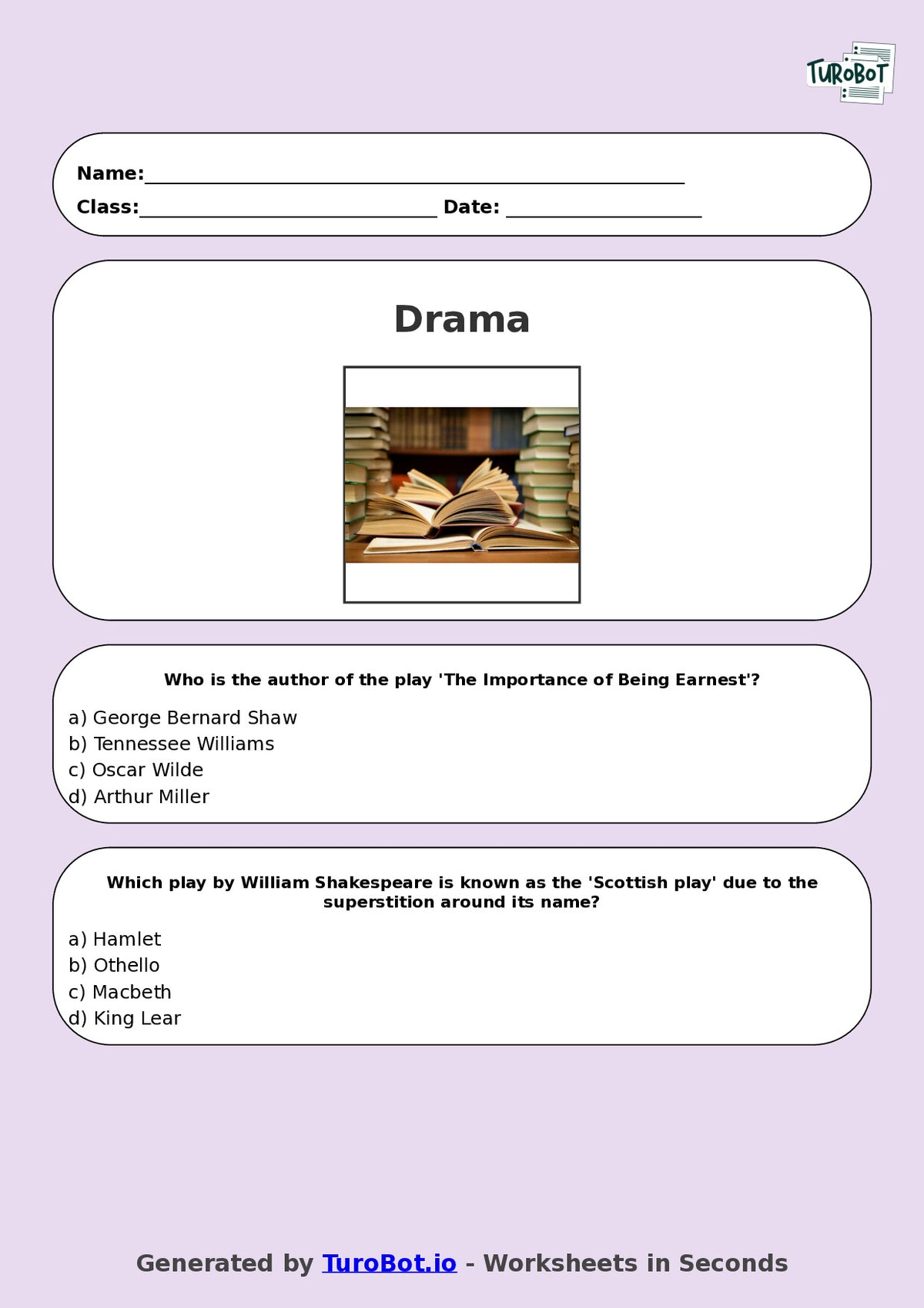 Year 8 Drama Multiple Choice Worksheet – Famous Plays and Playwrights