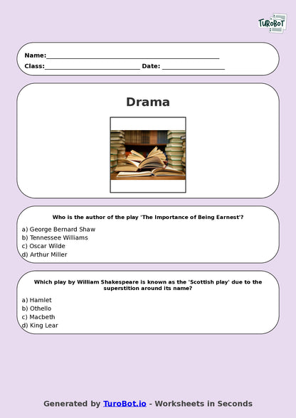 Year 8 Drama Multiple Choice Worksheet – Famous Plays and Playwrights