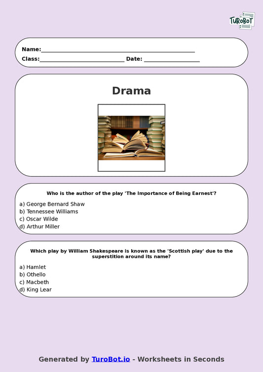 Year 8 Drama Multiple Choice Worksheet – Famous Plays and Playwrights