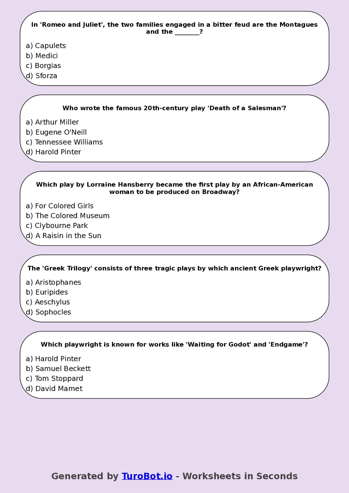 Year 8 Drama Multiple Choice Worksheet – Famous Plays and Playwrights