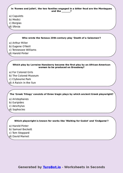 Year 8 Drama Multiple Choice Worksheet – Famous Plays and Playwrights
